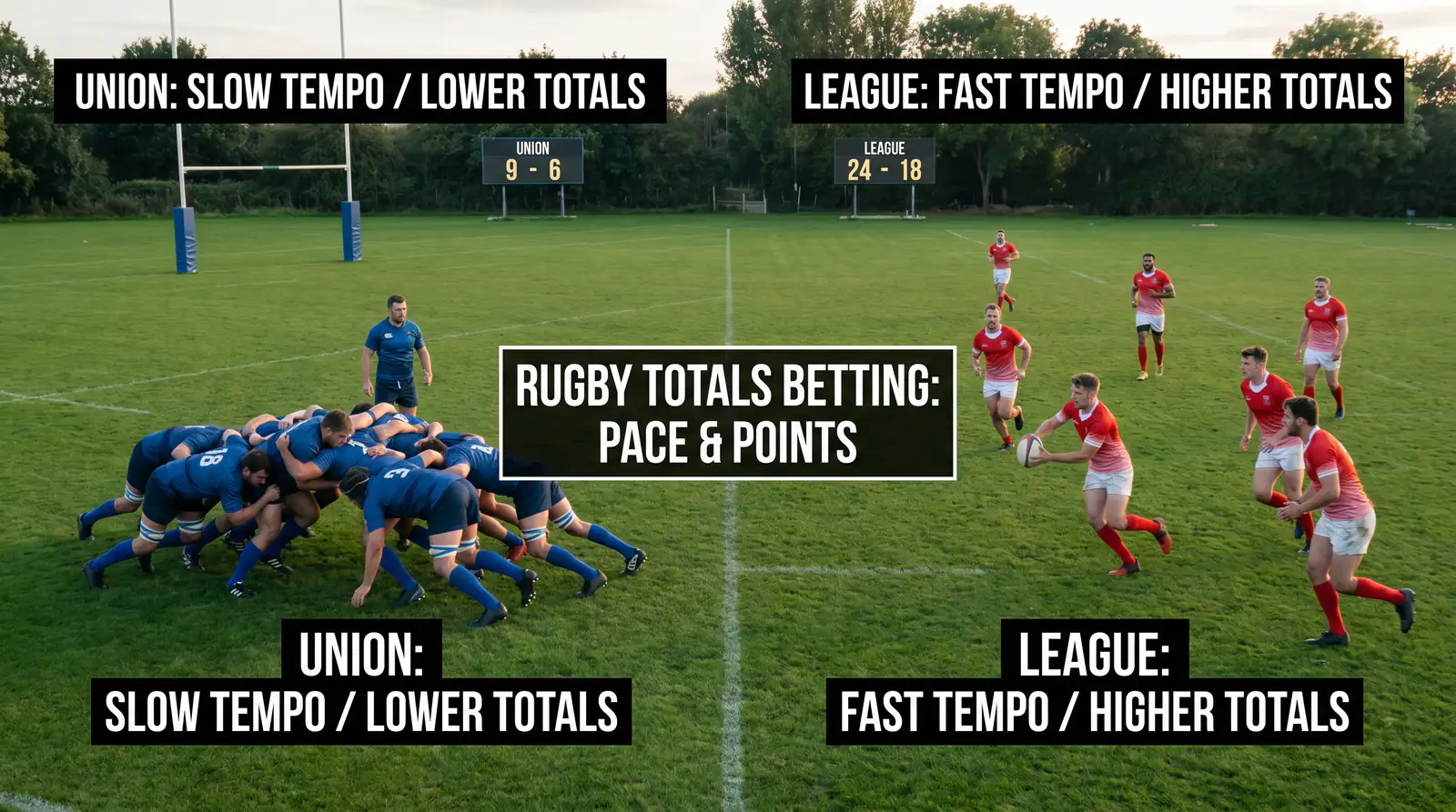 Side-by-side rugby union and rugby league match showing tempo difference