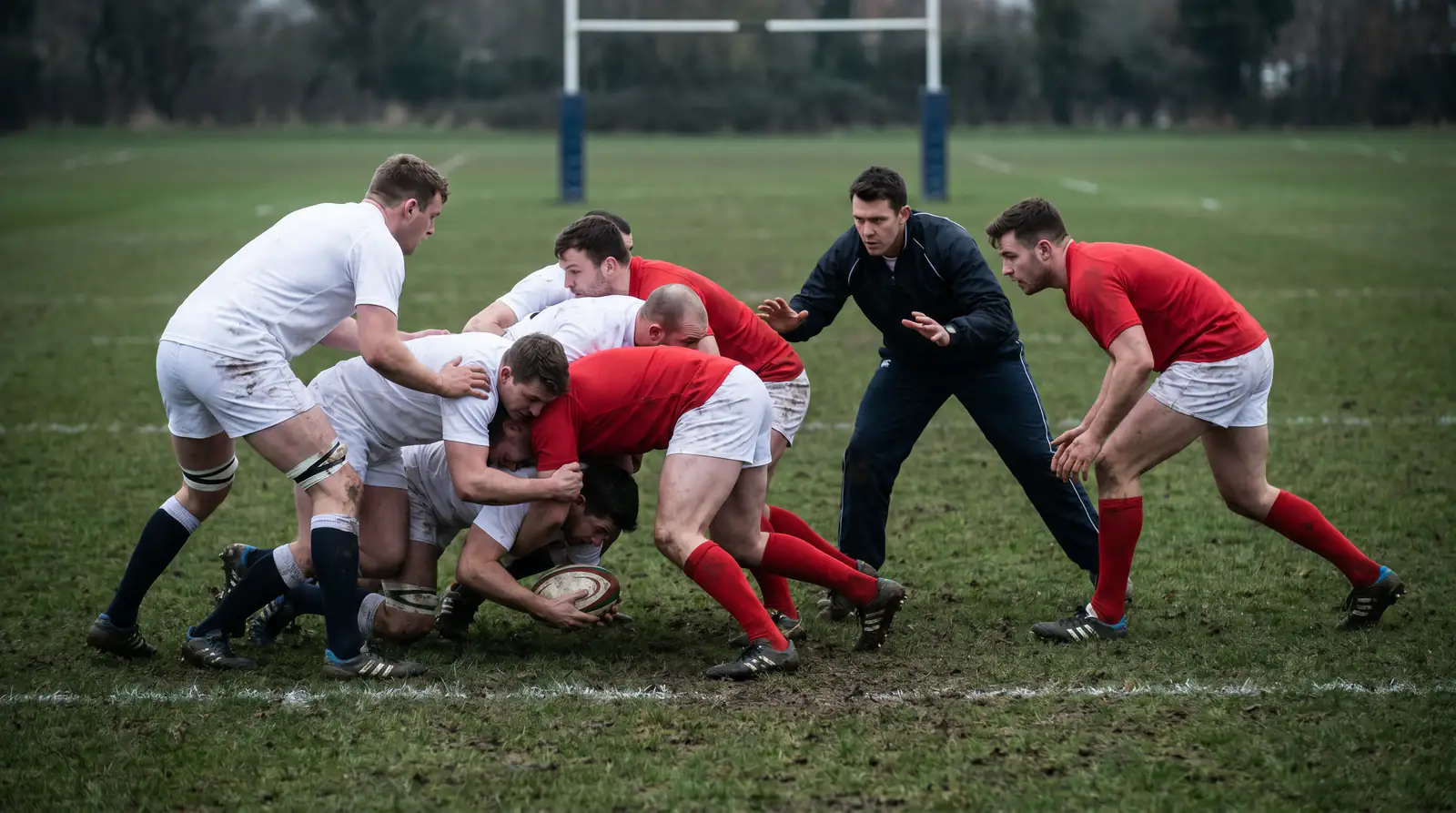 Rugby union contested ruck breakdown with forwards from both teams competing for the oval ball on the ground
