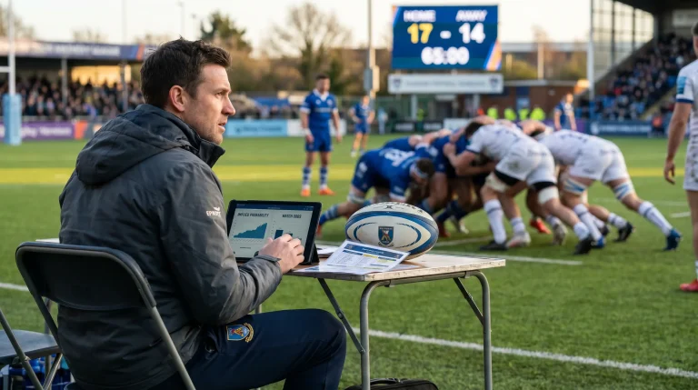 Rugby analyst studying implied probability charts beside live match