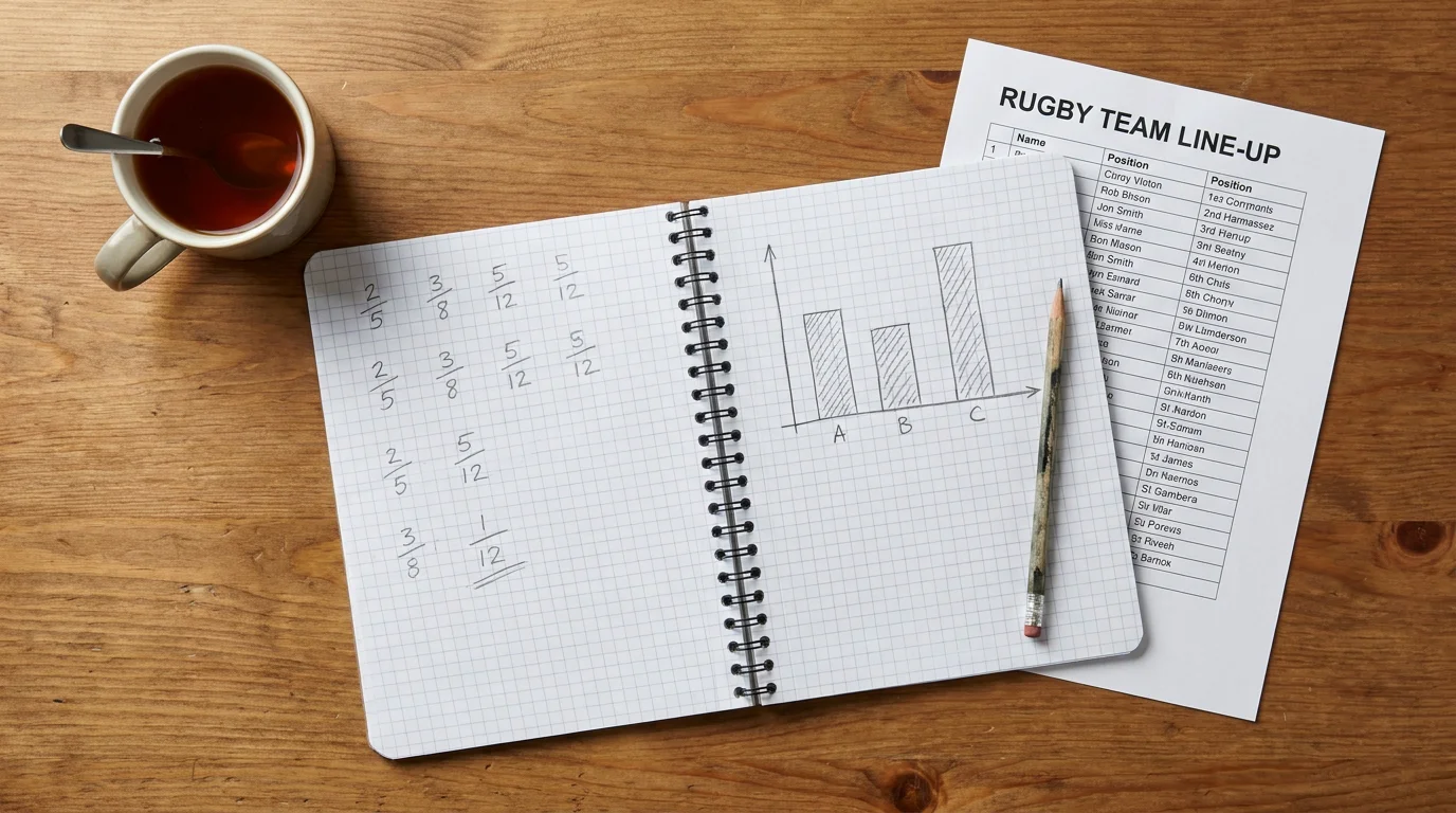 Bettor writing implied probability calculations beside rugby match notes