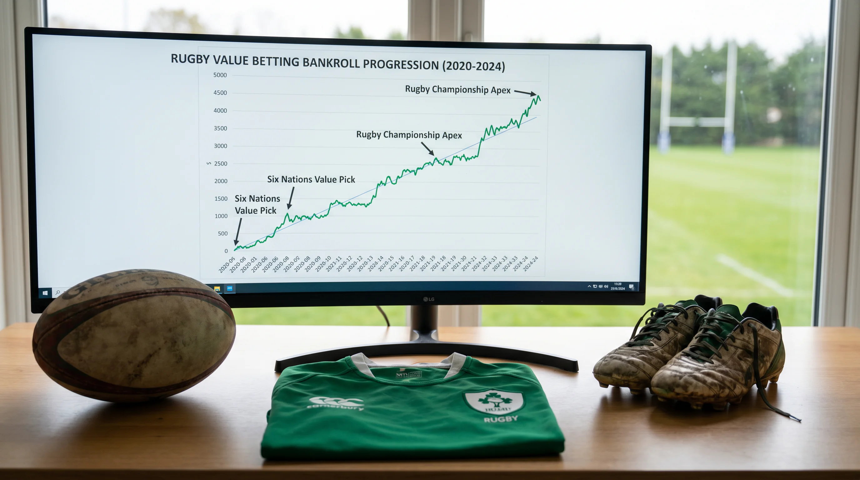 Long-term rugby bankroll progression chart on desk monitor
