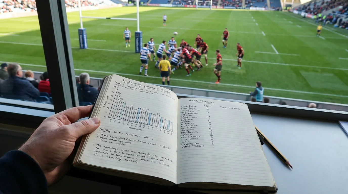 Rugby bettor maintaining venue tracking notebook with simple chart