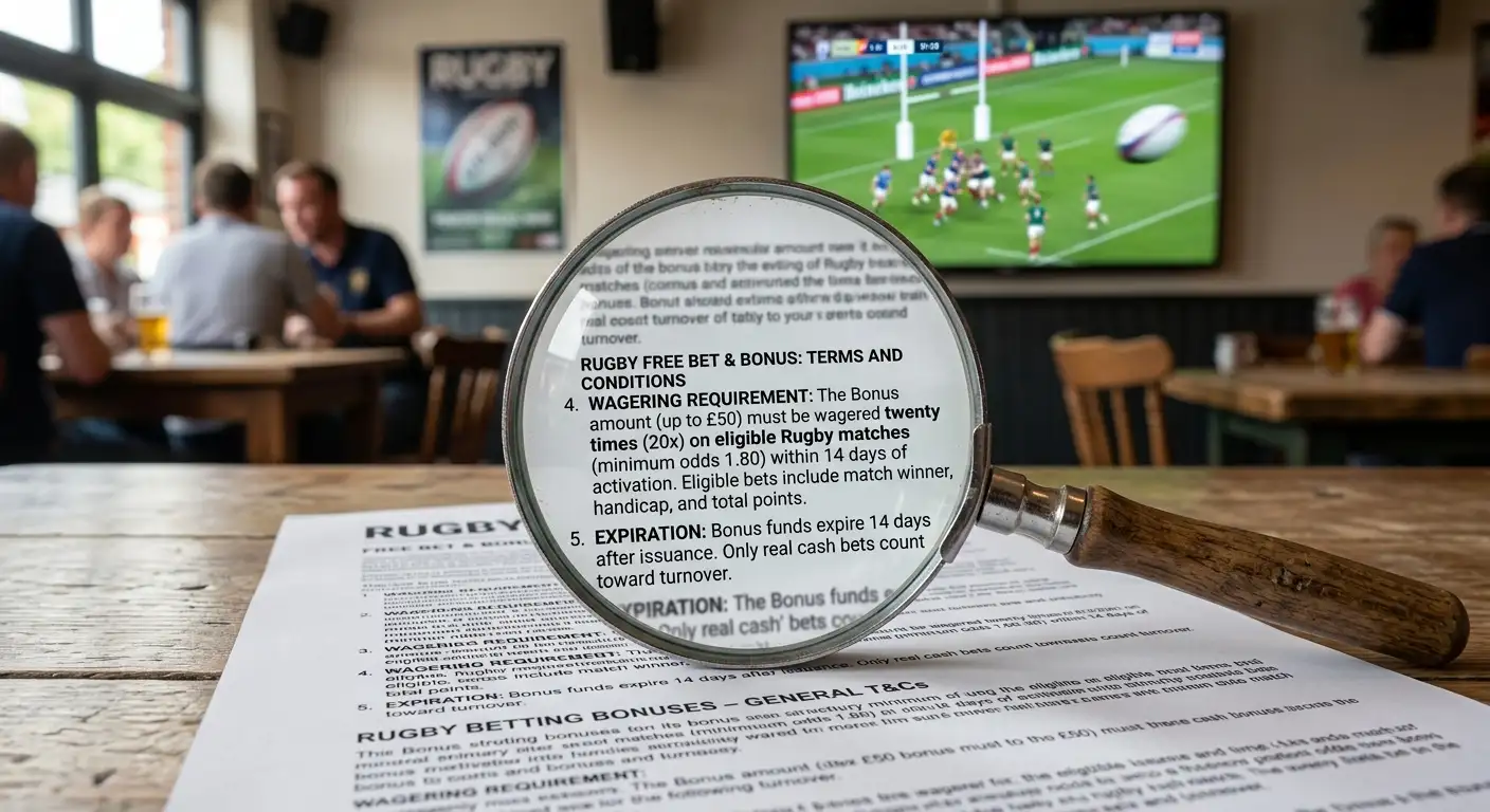 Magnifying glass over rugby bonus wagering requirement fine print