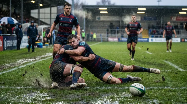 Rugby match played in heavy rain with players slipping in mud