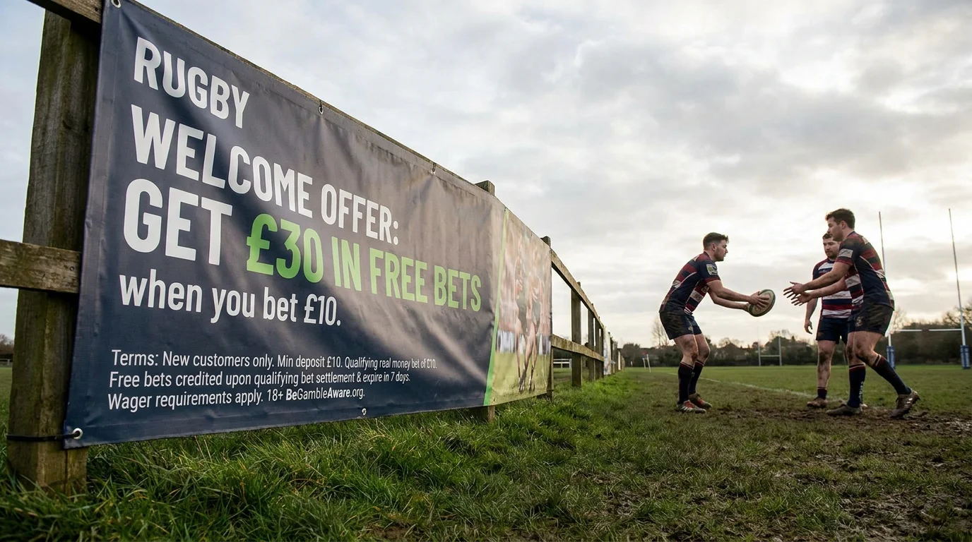 Rugby welcome offer banner with terms and qualifying bet details