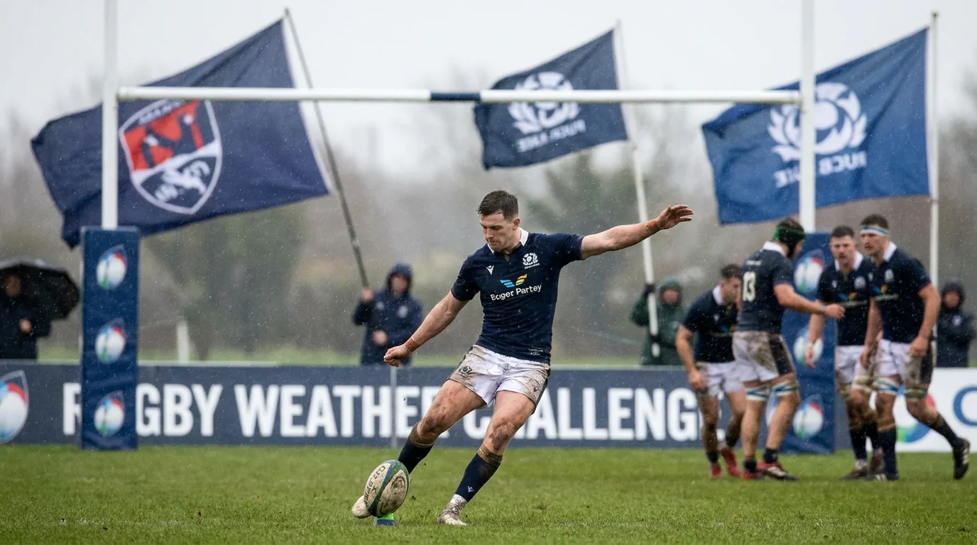 Rugby kicker striking ball with flags whipping in strong wind
