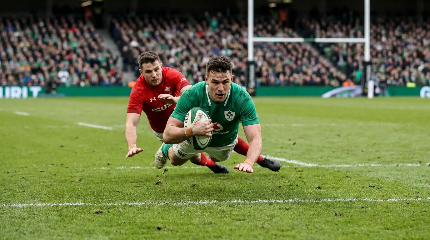 Rugby union winger diving over the try line in the corner during a Six Nations international match