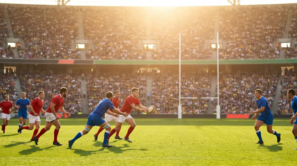Rugby World Cup international match action with oval ball being passed under bright Australian afternoon sky