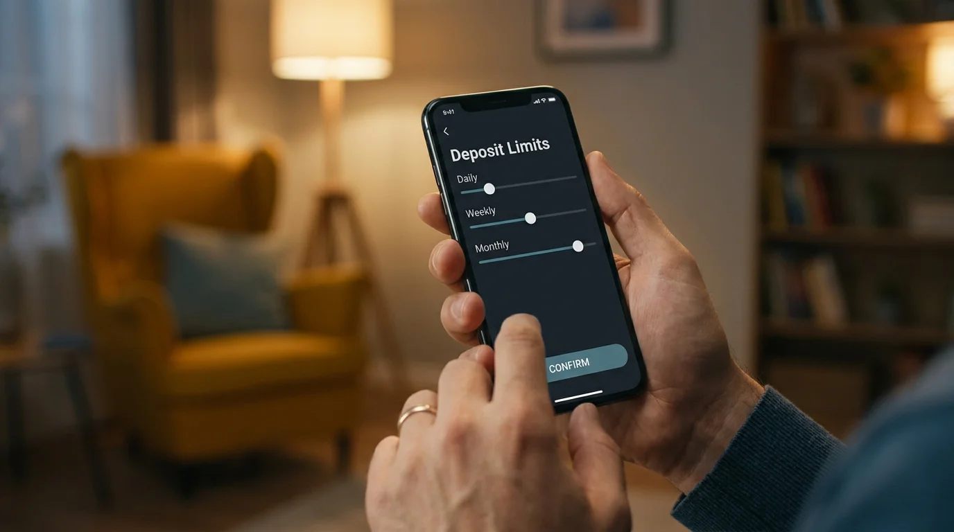 Hand setting a deposit limit on a mobile betting app screen