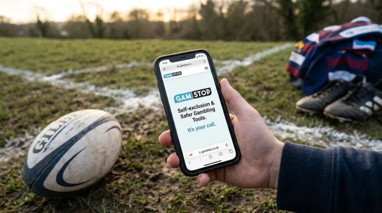 Mobile phone displaying GamStop self-exclusion and safer gambling tools