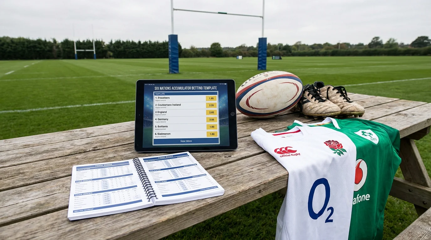 Six Nations acca template displayed on tablet beside form guide