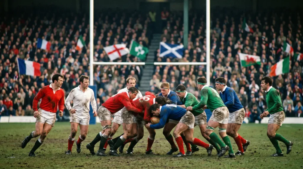 Six Nations rugby match action with stadium crowd during a championship round fixture