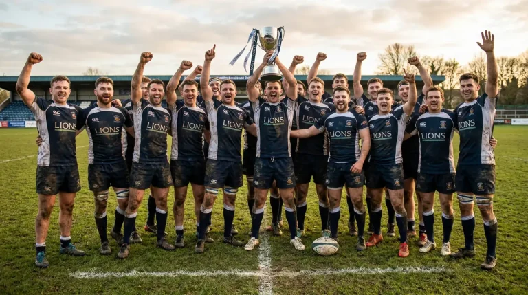 Six Nations Grand Slam winning team lifting the championship trophy
