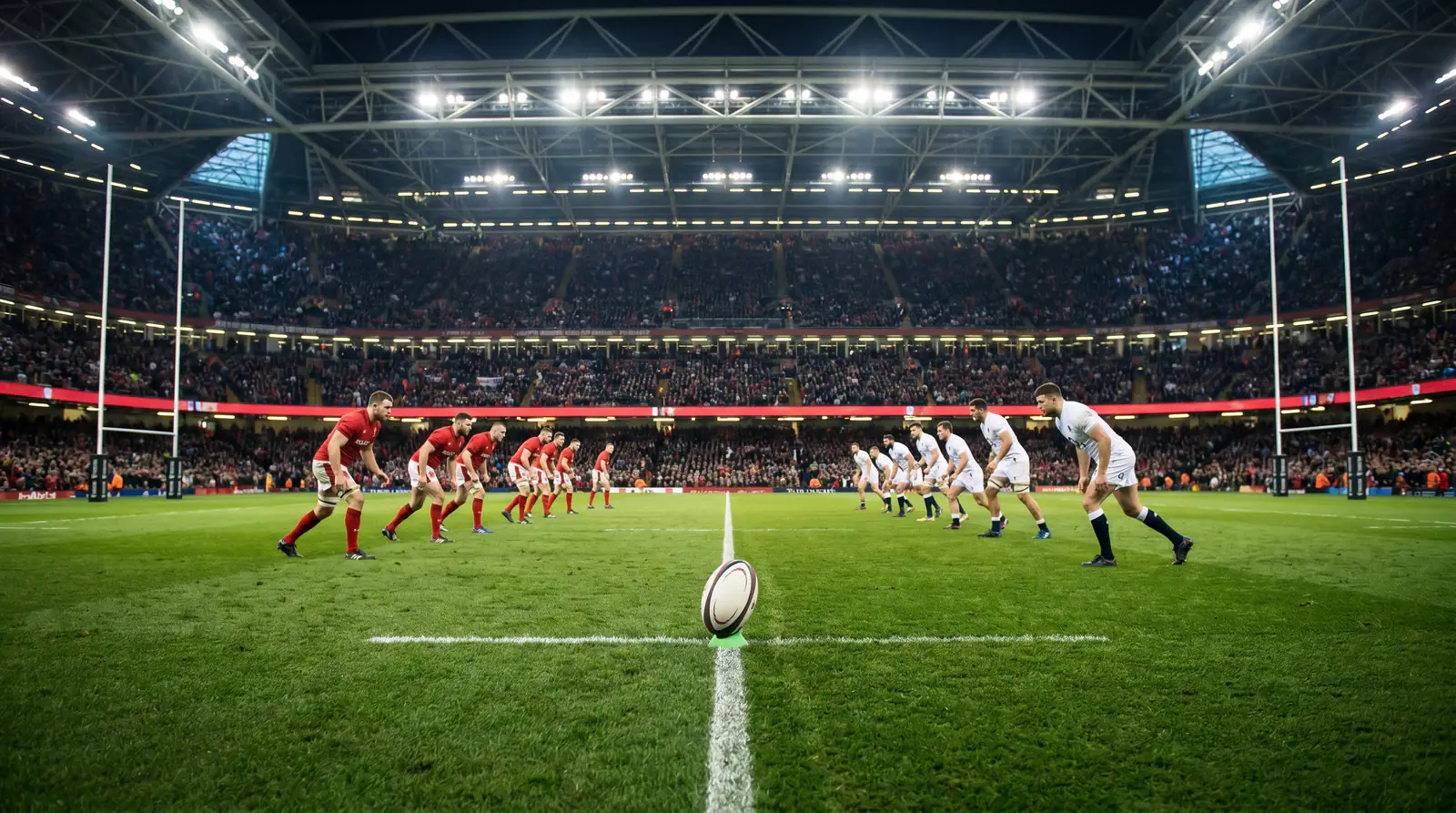 Floodlit international rugby union stadium during a Six Nations evening fixture with full crowd