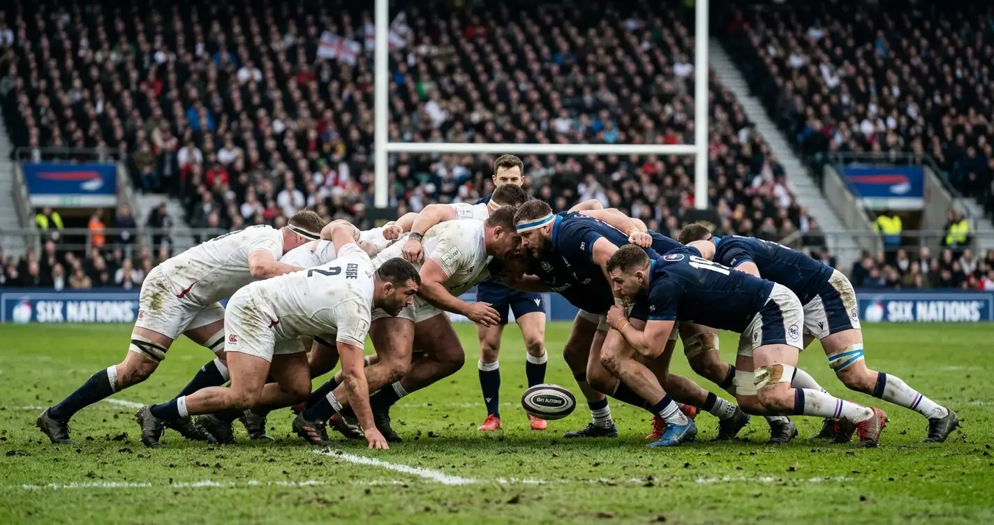 Six Nations rugby union scrum engagement between two international packs on a grass pitch