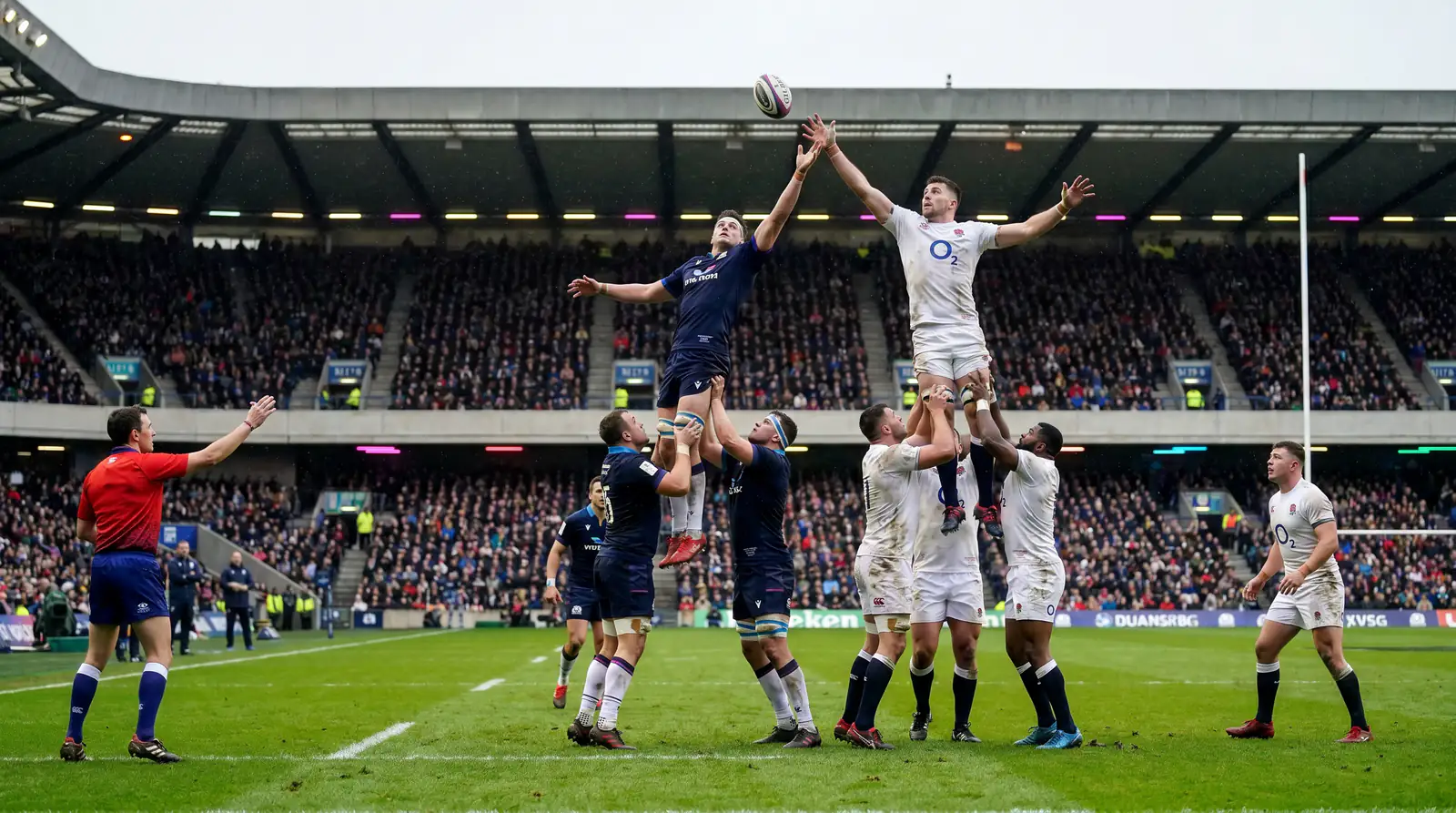 Six Nations rugby match at Twickenham with both teams contesting a lineout
