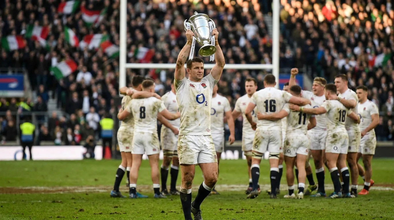 Six Nations championship trophy being lifted by captain after a Grand Slam-winning rugby match