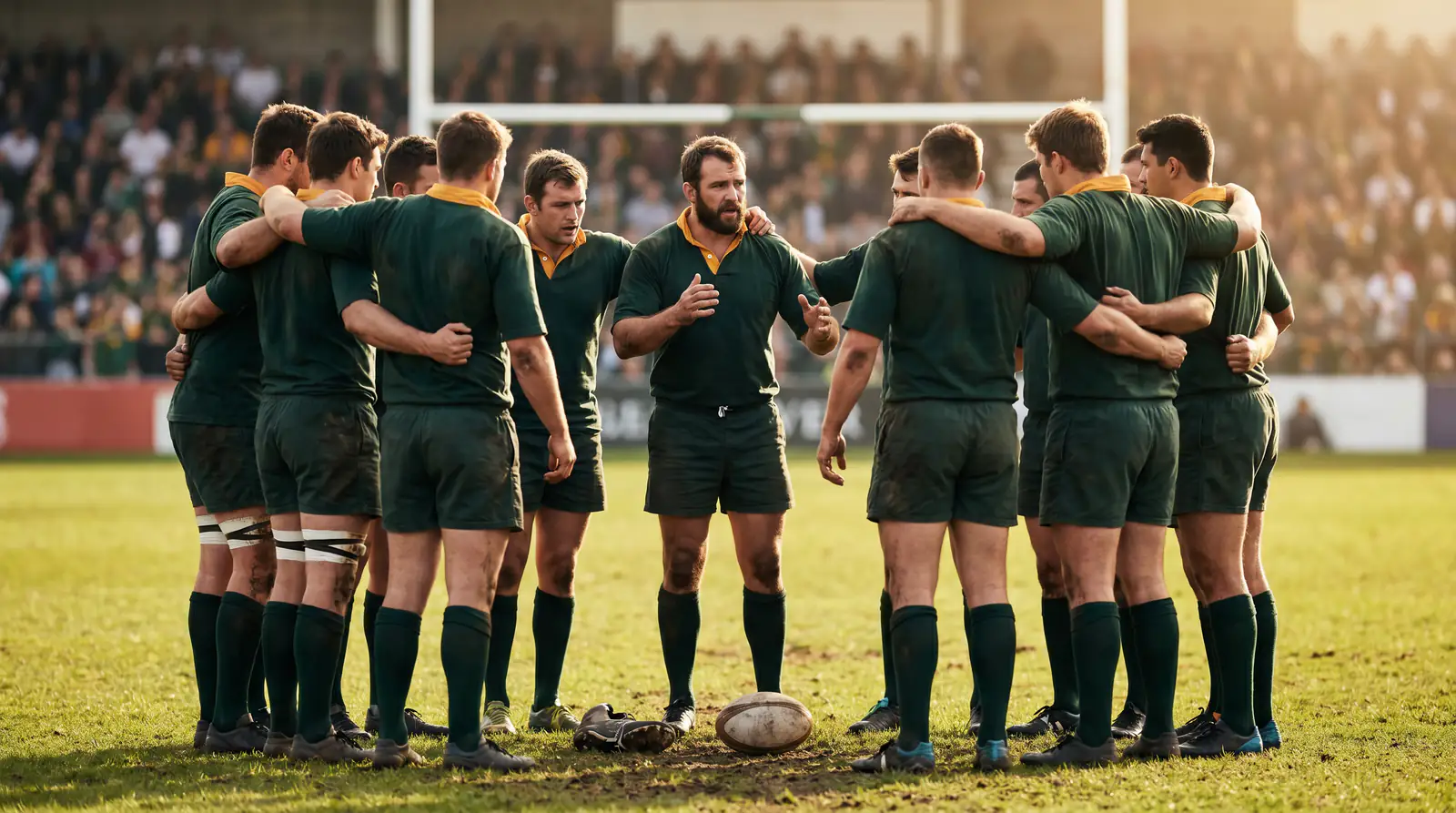 Senior rugby union international squad in green jerseys huddled together in pre-match team formation