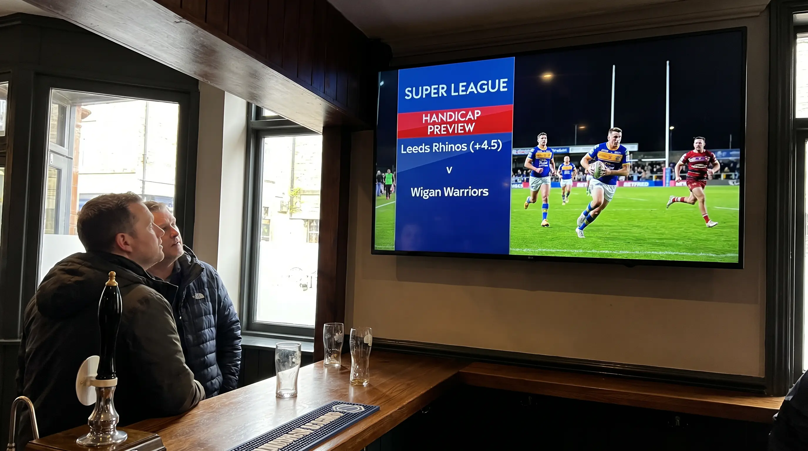 Pub bar television showing Super League handicap match preview