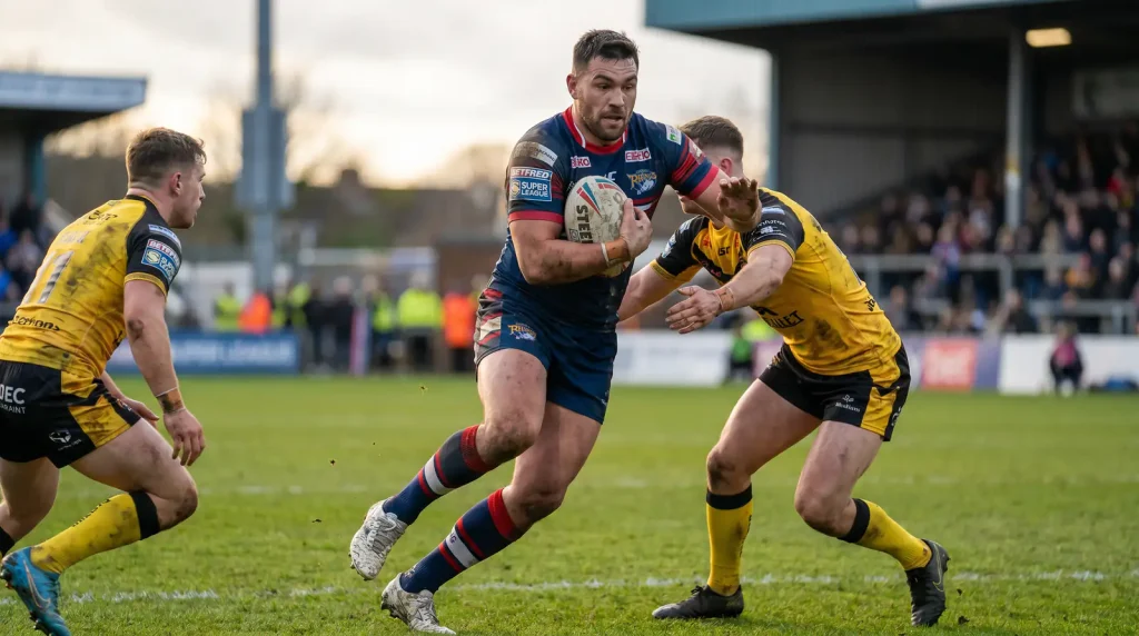 Super League rugby league player breaking through tackle attempt