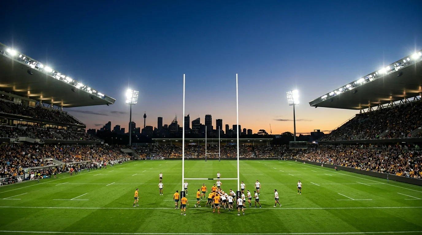 Large Australian rugby stadium under evening floodlights hosting an international rugby union fixture
