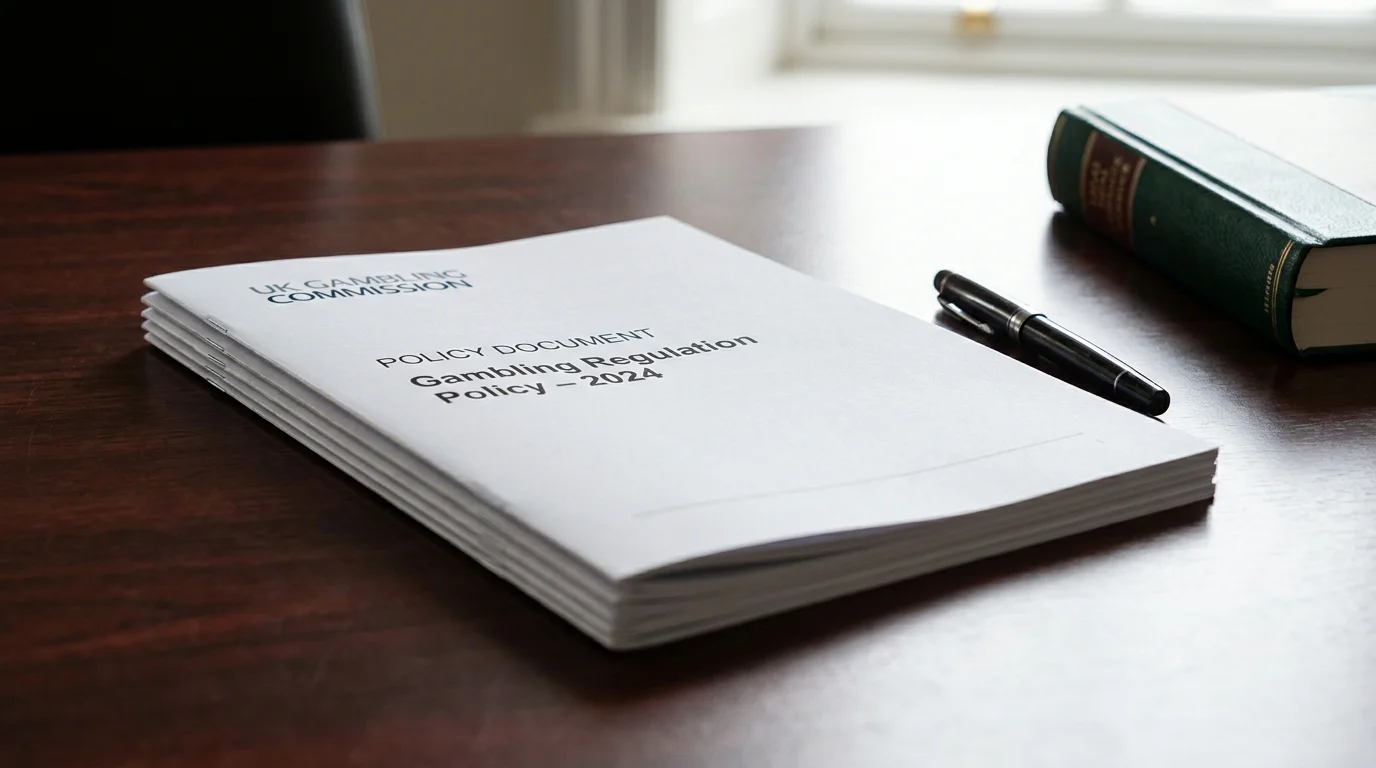 Printed UK gambling regulation policy document with a fountain pen resting beside it on a wooden desk