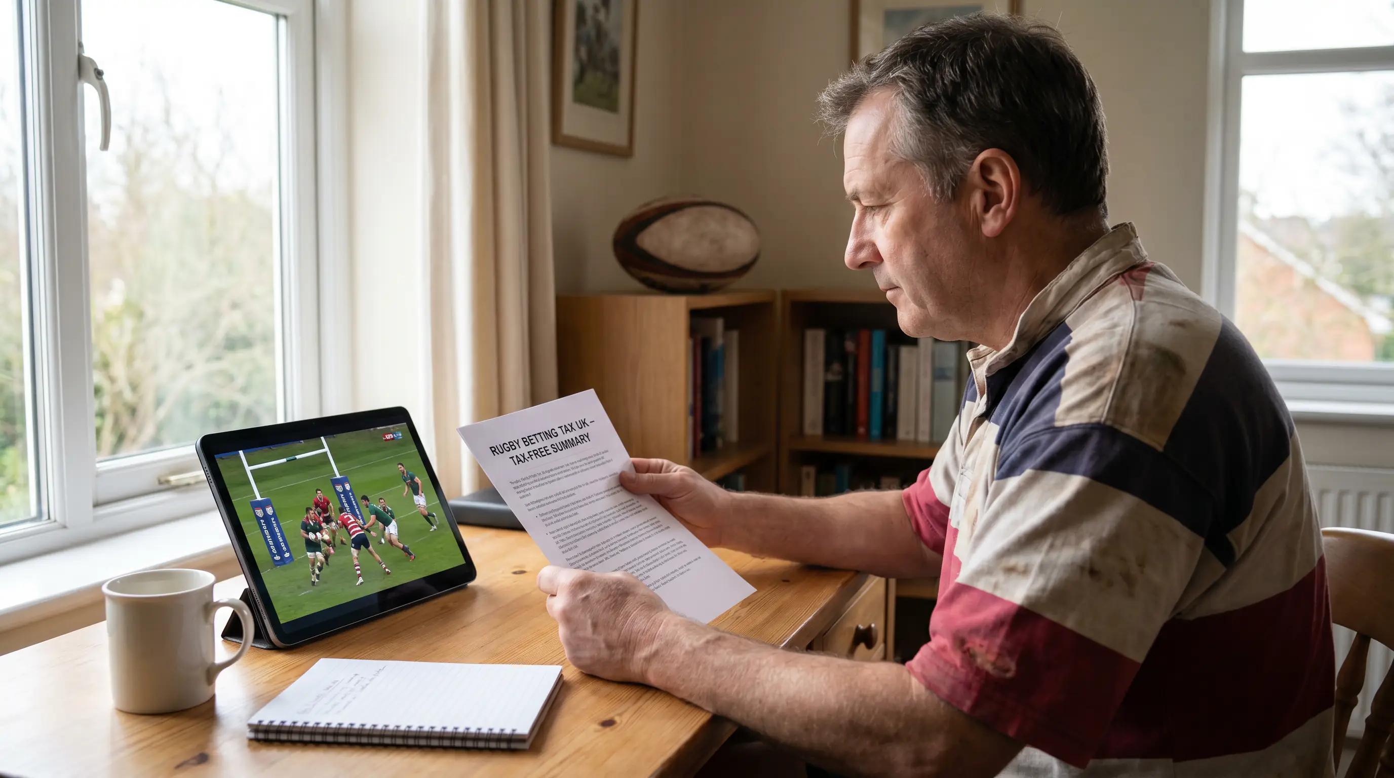 UK rugby bettor reviewing tax-free summary at home desk