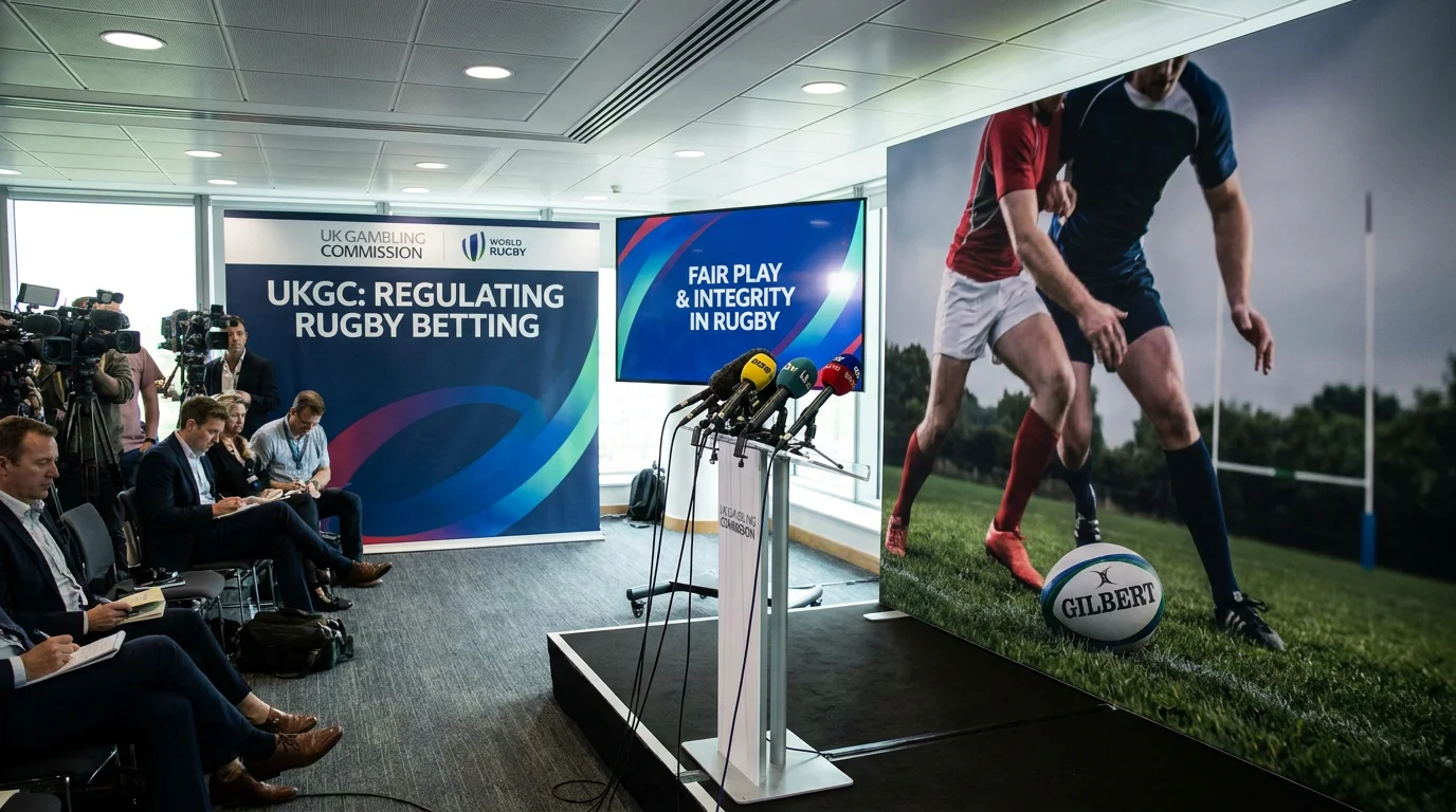 UK gambling regulator press conference podium and microphones