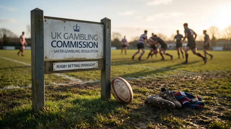 UK Gambling Commission regulator office signage with rugby betting context