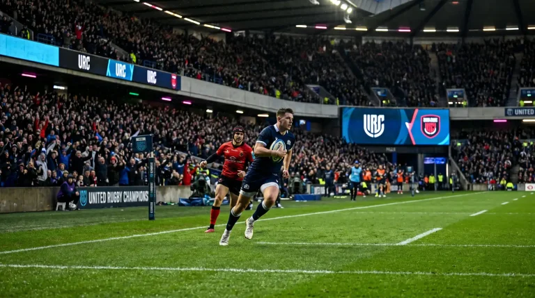 United Rugby Championship stadium with floodlit pitch and crowd