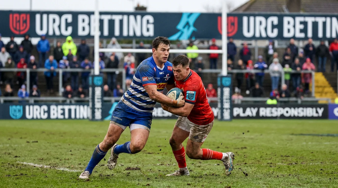 URC knockout stage rugby tackle in muddy pitch conditions