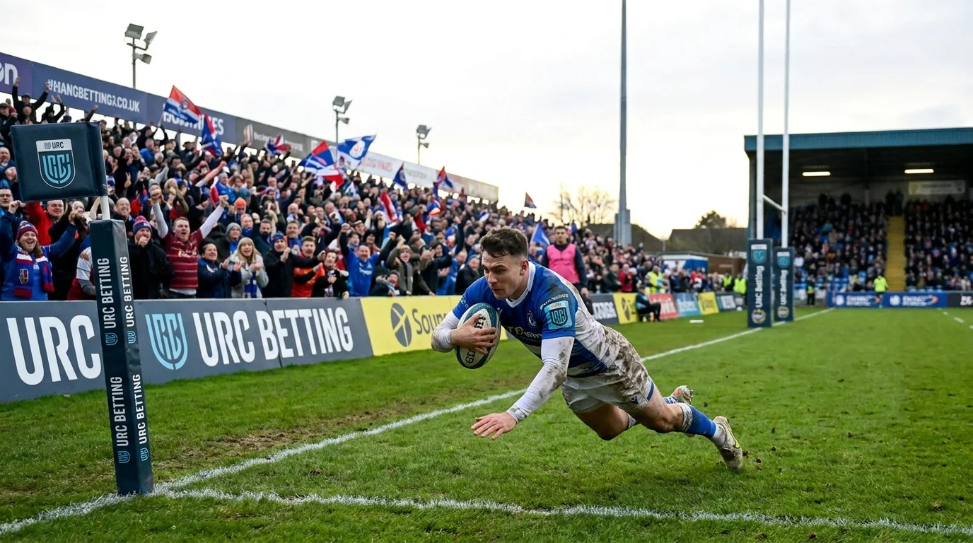 URC winger diving over try line in front of away supporters