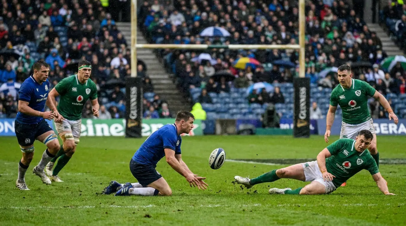Rugby union match played in heavy rain with players slipping on a saturated grass pitch